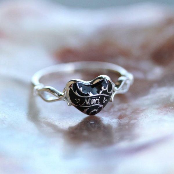 Memento Mori. Black Enamel Heart Silver Ring Jewellery