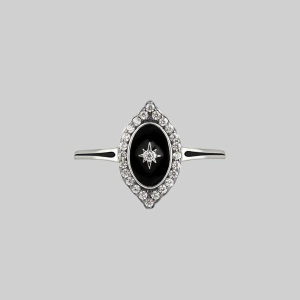 Reverence. Oval Black Enamel Crystal Silver Ring Jewellery