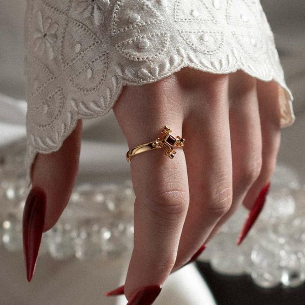 Crimson. Medieval Fleur De Lis Garnet Ring Gold Rings