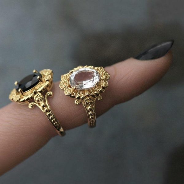 Maria. Rose Wreath Onyx Gold Cocktail Ring Gemstone Rings