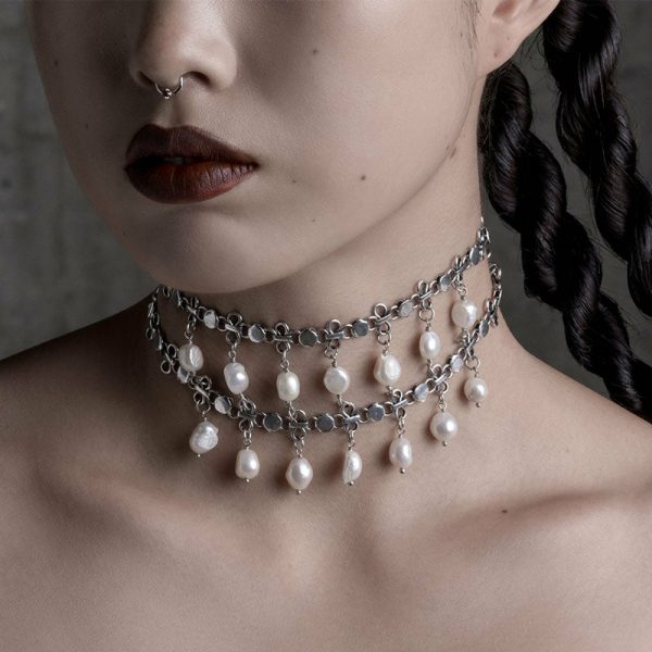 Valour. Double Chain Pearl Drop Choker Jewellery